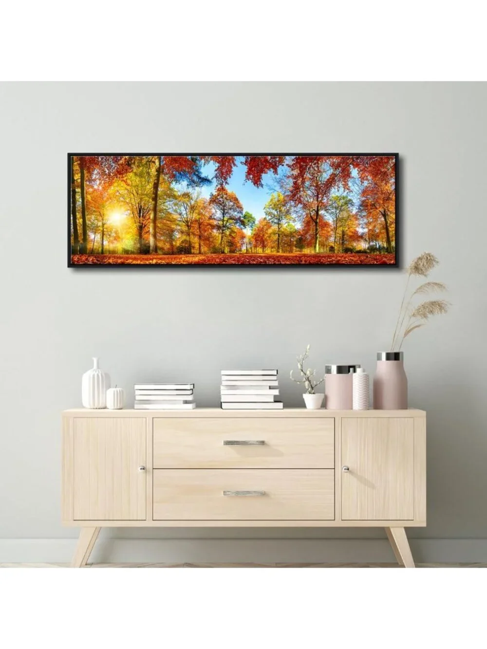 Large Black Framed Autumn Sunset Canvas Wall Art - Nature Landscape Decor for